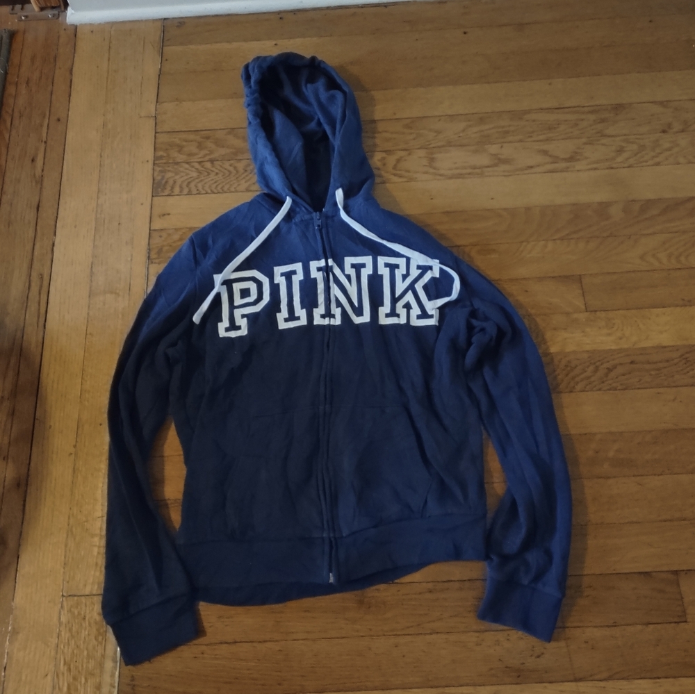 Victoria's Secret PINK Full Zip Hoodie Medium Navy Blue Spell Out Y2K